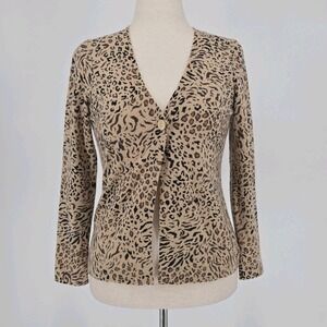 Charter Club‎ 100% Cashmere Leopard Print Cardigan Sweater Women's M Tan...